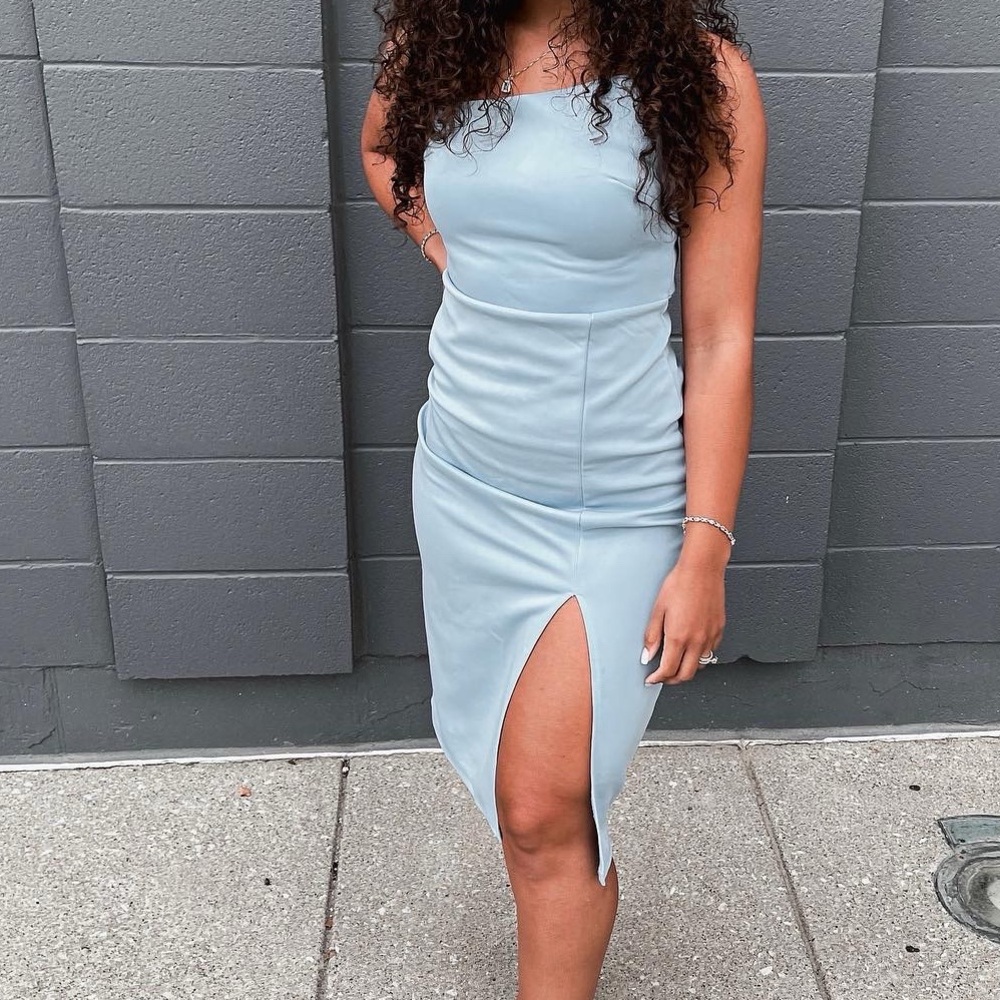 Sleek Light Blue Midi Dress with Front Slit
